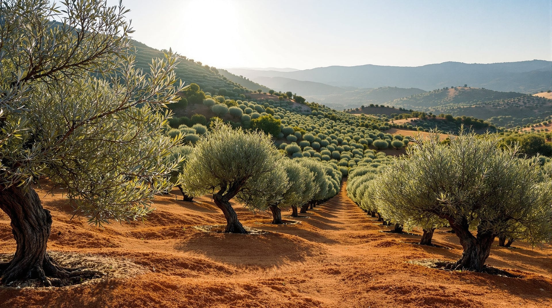 Ege Bölgesi'nde sabah ışığında sıra sıra yaşlı zeytin ağaçları